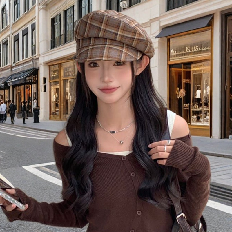 复古格子八角帽韩版气质新款云朵格纹时尚显脸保暖时尚贝雷画家帽