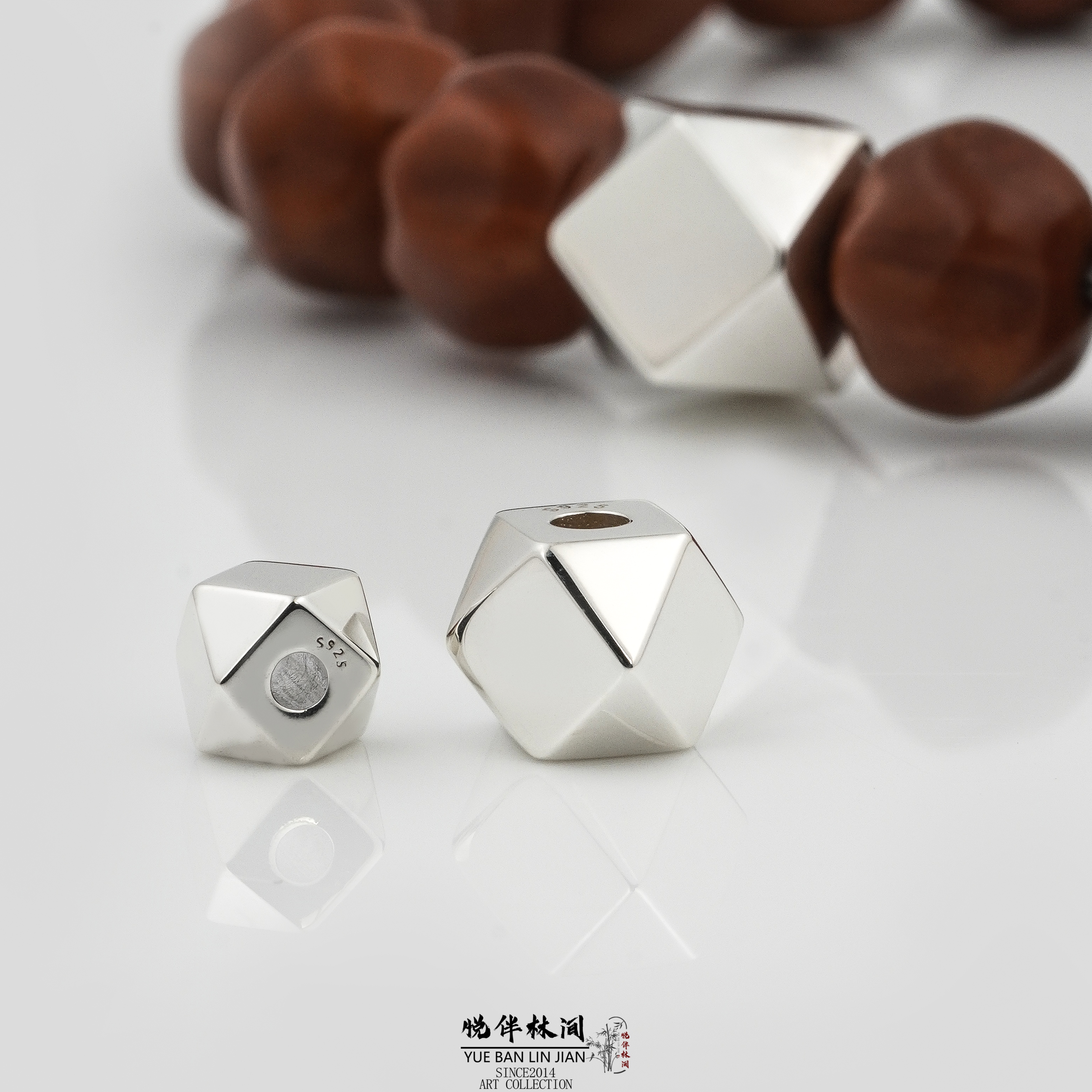 925银银制品 唐八棱隔珠素面单珠顶珠亮银简约猴头手串文玩配饰
