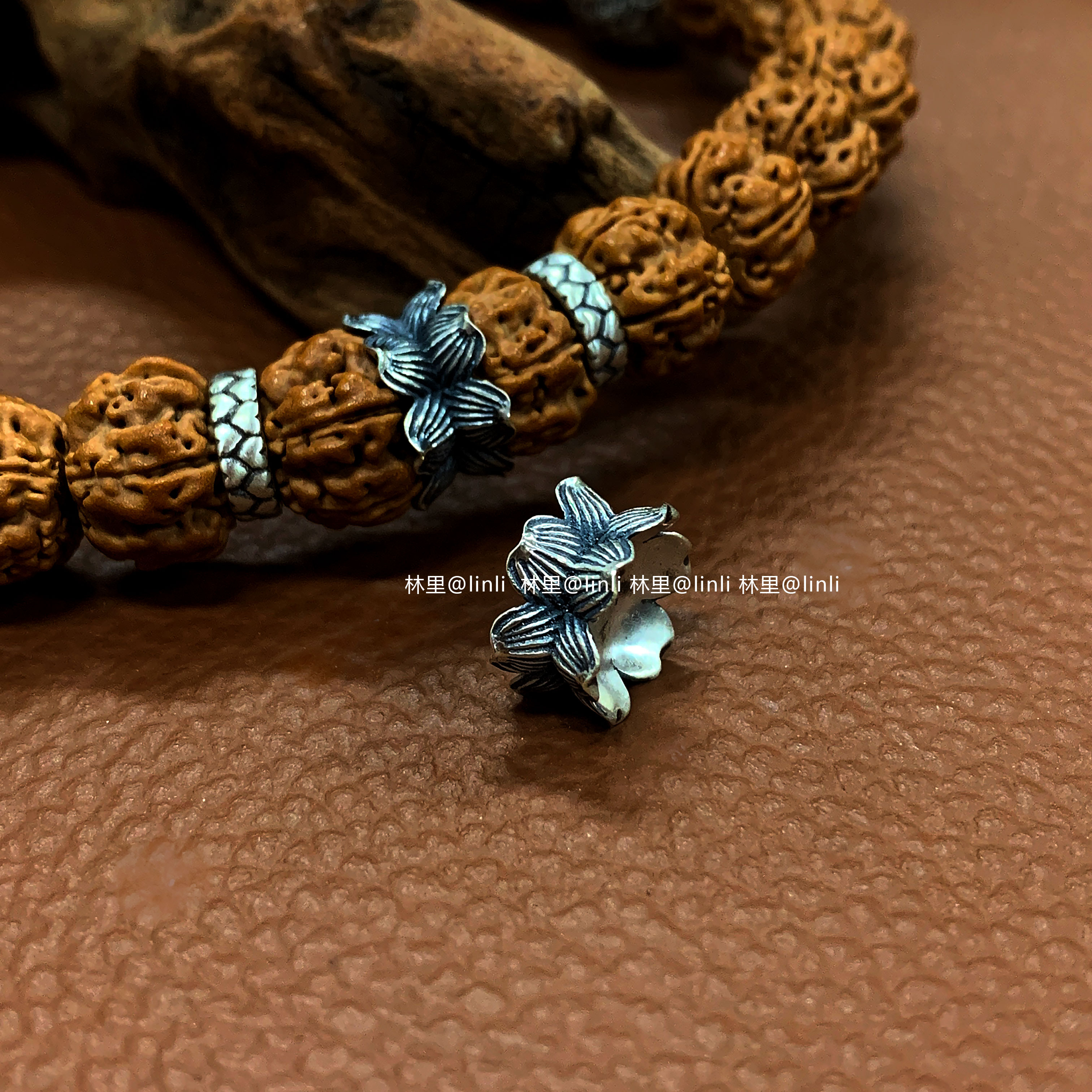 925银银制品 并蒂莲莲花卡环雕刻小金刚百搭diy散珠手串文玩配饰