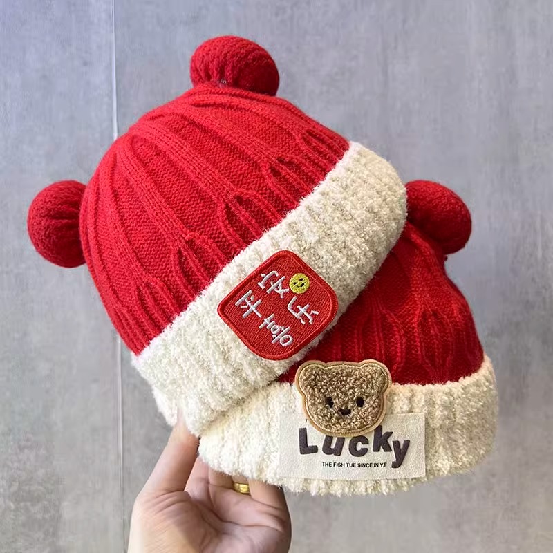 新年红色宝宝毛线帽秋冬季保暖毛线帽男女童可爱抓周套头针织帽萌
