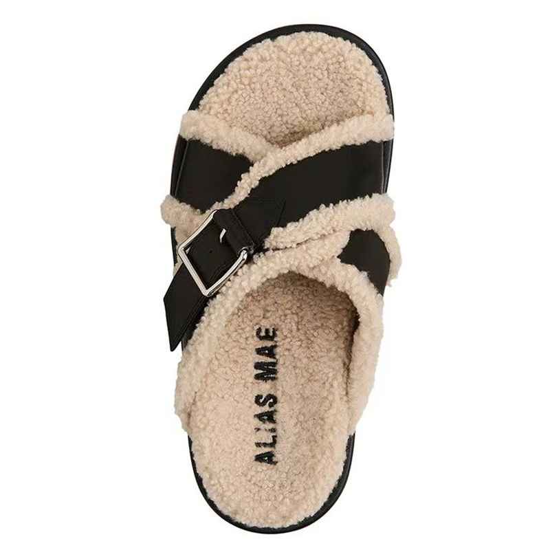 ALIAS MAE秋冬新品真皮交叉带羊毛保暖女士平底室外居家舒适毛拖