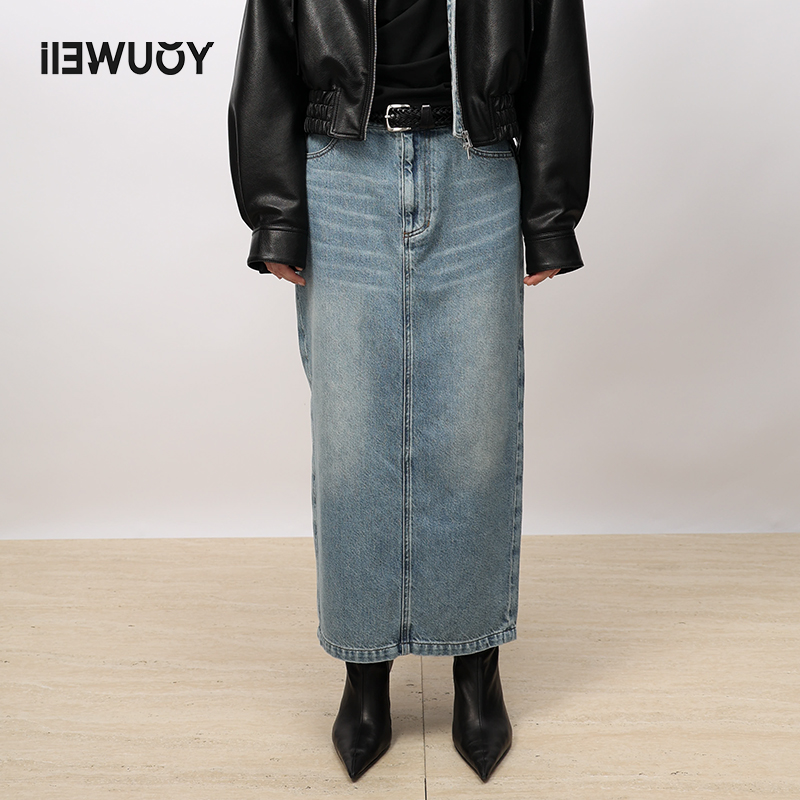 有尾iIEWUOY 原创复古莱赛尔重工显瘦直筒牛仔半身裙女Y5923401