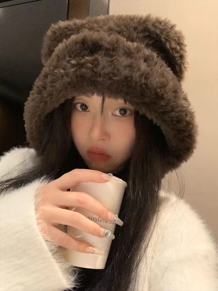 可爱毛绒绒小熊耳朵帽子女秋冬骑车加绒保暖护耳大头围雷锋帽学生