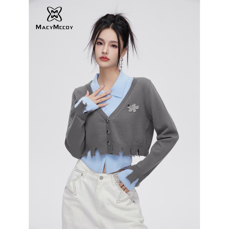 【毛毛专属】MacyMccoy 破坏毛衣两件套女2023秋季学院风短款套装