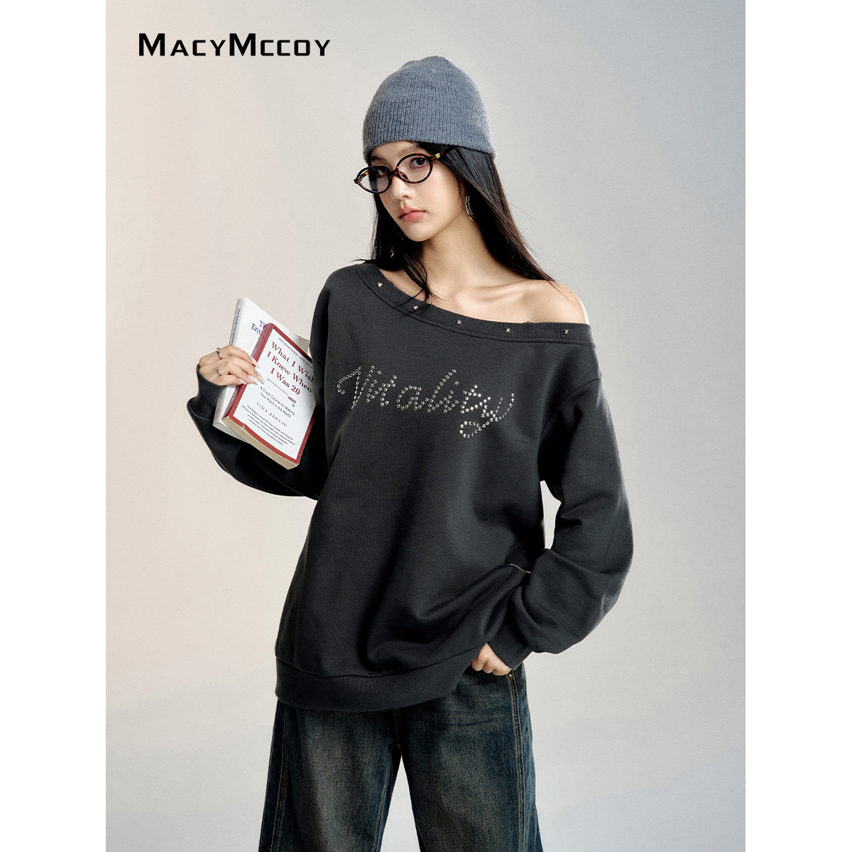 【毛毛专属】MacyMccoy露肩铆钉宽松卫衣女秋冬辣妹bi备百搭上衣