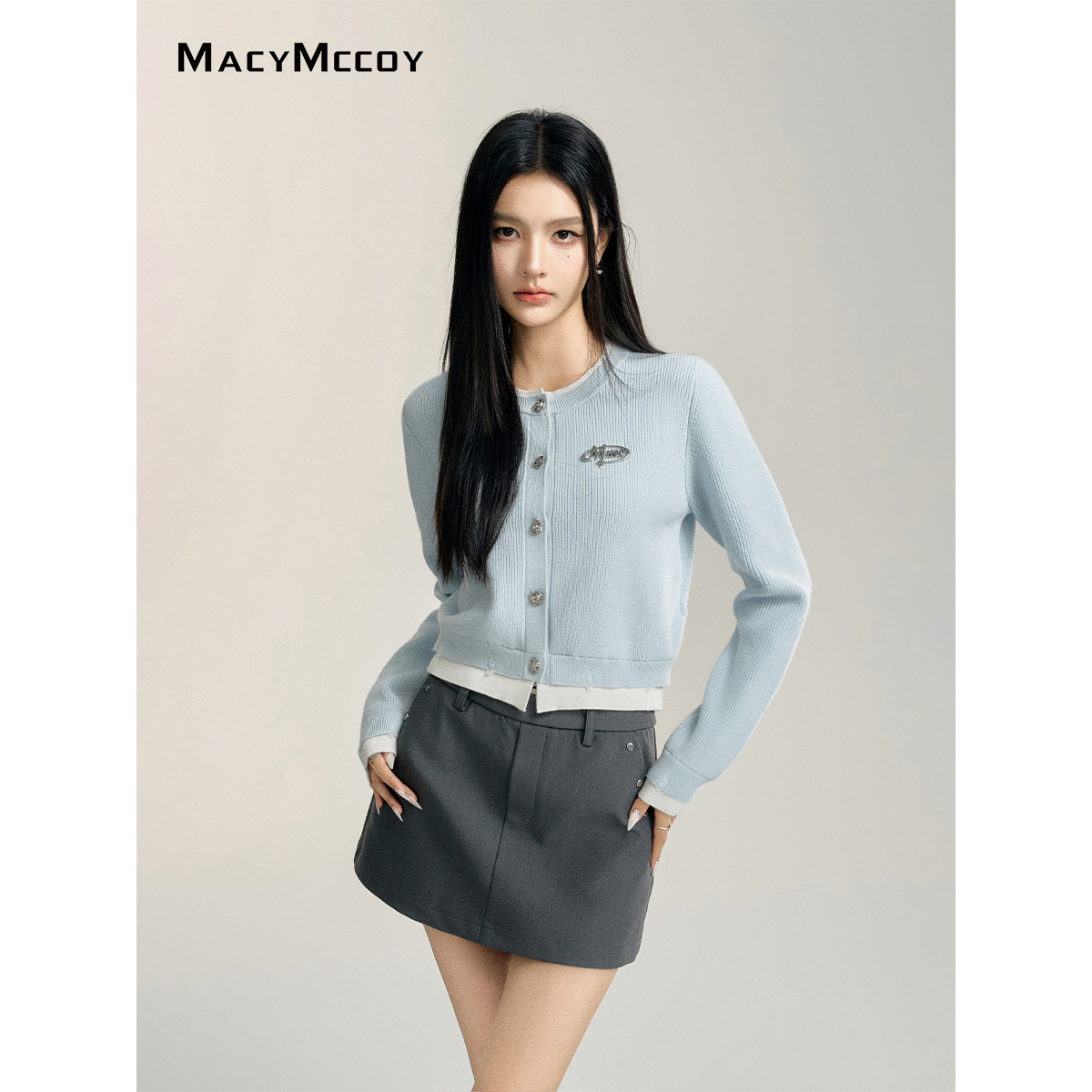 【毛毛专属】 MacyMccoy假两件撞色毛衣女秋季新款学院风短款上衣