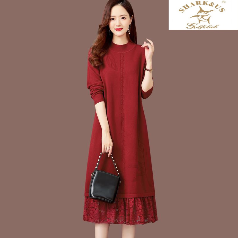 打底羊毛针织连衣裙女秋冬2023新款过膝长款蕾丝毛衣裙内搭羊毛衫