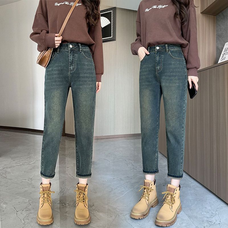 高腰哈伦牛仔裤女秋冬加绒150小个子显高八分宽松百搭萝卜老爹裤