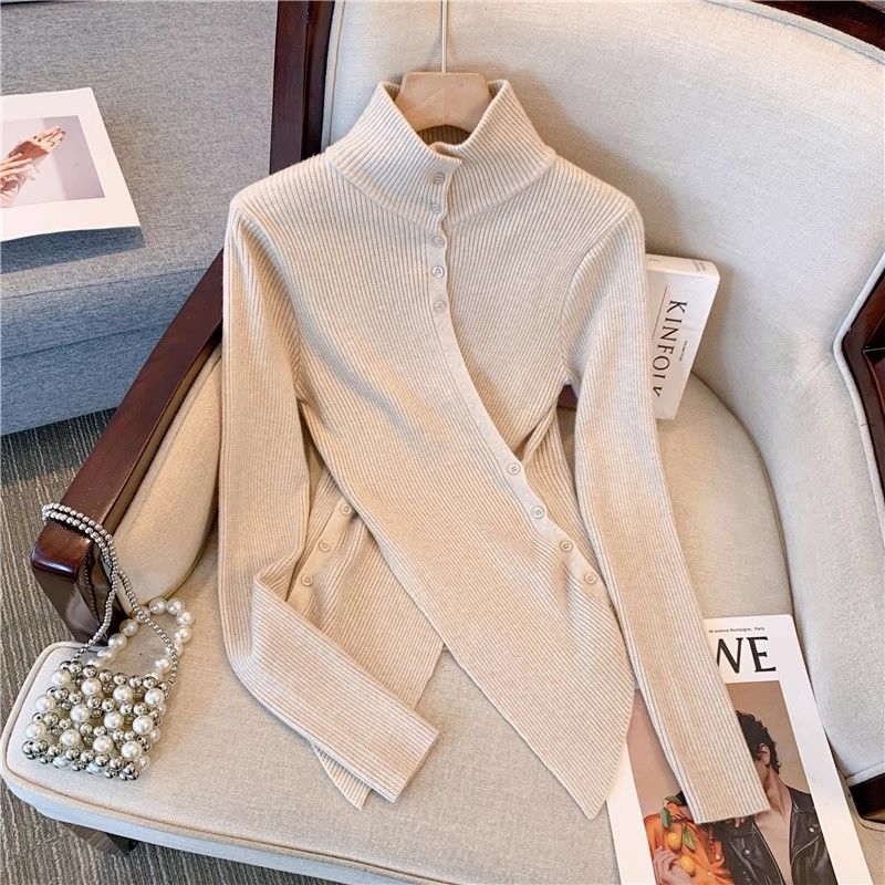 纯欲风气质半高领针织衫女秋设计感不规则交叉打底衫洋气修身毛衣