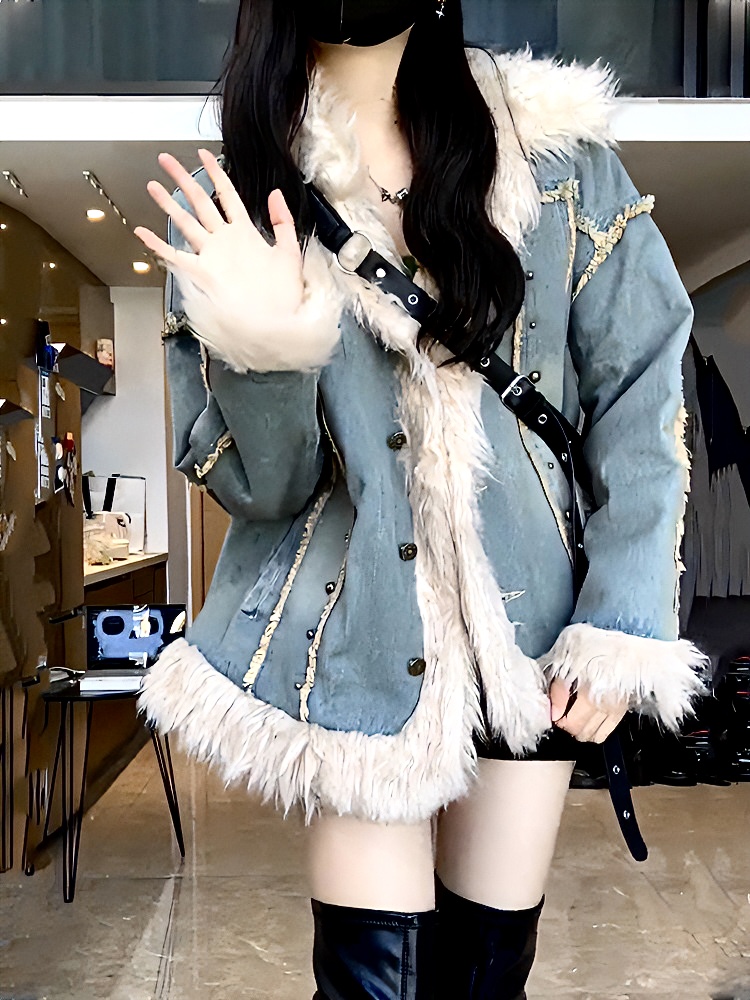 韩系小个子学院风牛仔拼接毛毛外套女秋冬高级感加厚超好看的棉袄