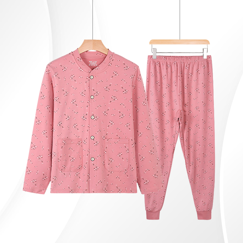 中老年开衫秋衣女纯棉加肥对襟棉毛打底线衣老人新款长袖印花妈妈