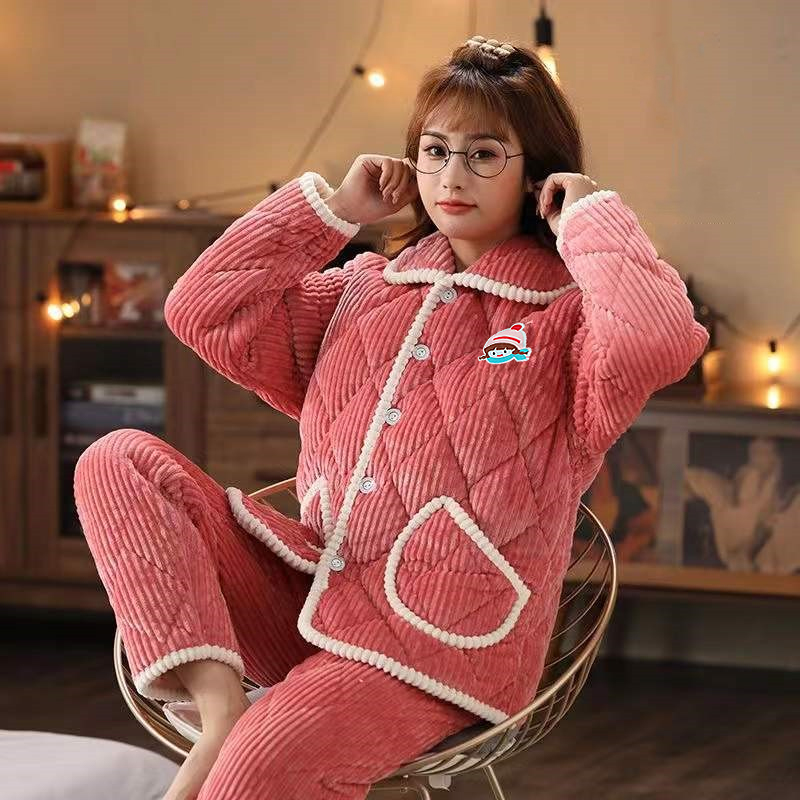 【热销5万单】冬季抽条法兰绒加绒加厚三层夹棉女士保暖家居服套装