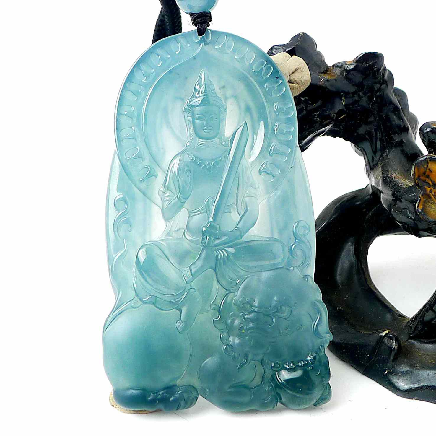 高品质天然A货翡翠老坑玻璃种高冰天空蓝文殊挂件尺寸73.5-43-9mm