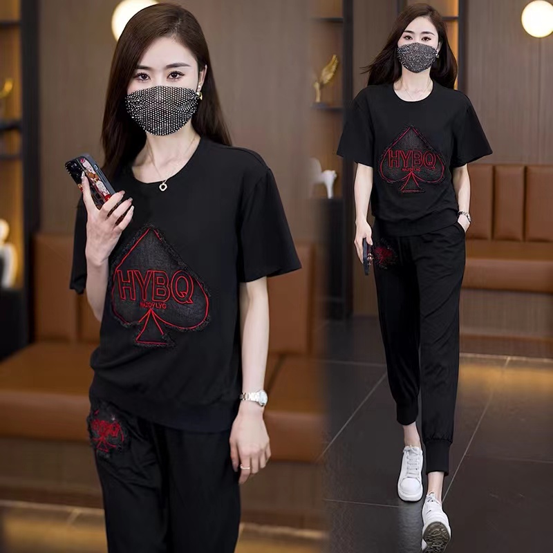 微胖妹妹加大码女装夏季短袖印花拼接休闲运动套装宽松mm两件套