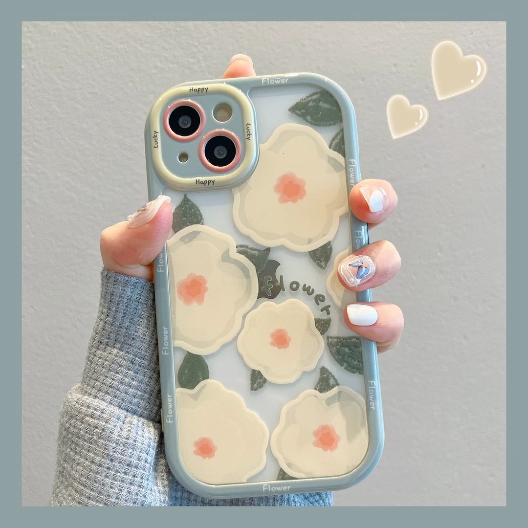 苹果15promax手机壳绿框花朵奶油壳iPhone14透明油画少女可爱防摔