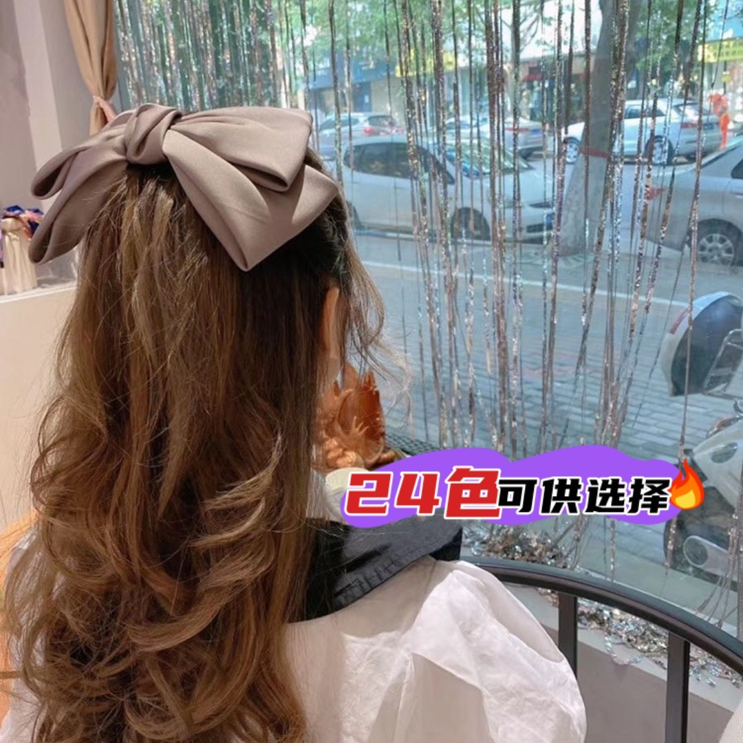 韩国新款缎面蝴蝶结发夹后脑勺发饰弹簧夹头花发卡马尾半扎发发饰