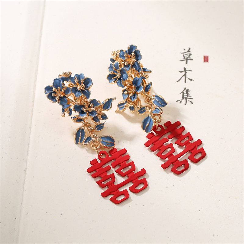 铜合金耳饰  气质古风中式耳挂百搭耳环喜字耳饰新娘结婚配饰品
