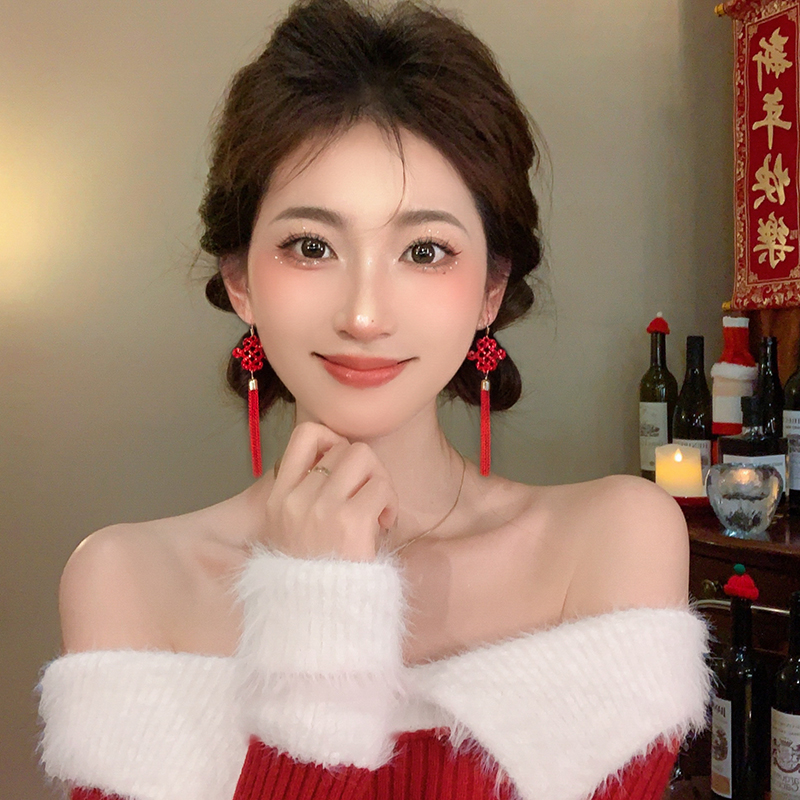 铜合金耳饰 好运2024龙年红色中国结新年流苏耳钉新娘耳饰耳坠