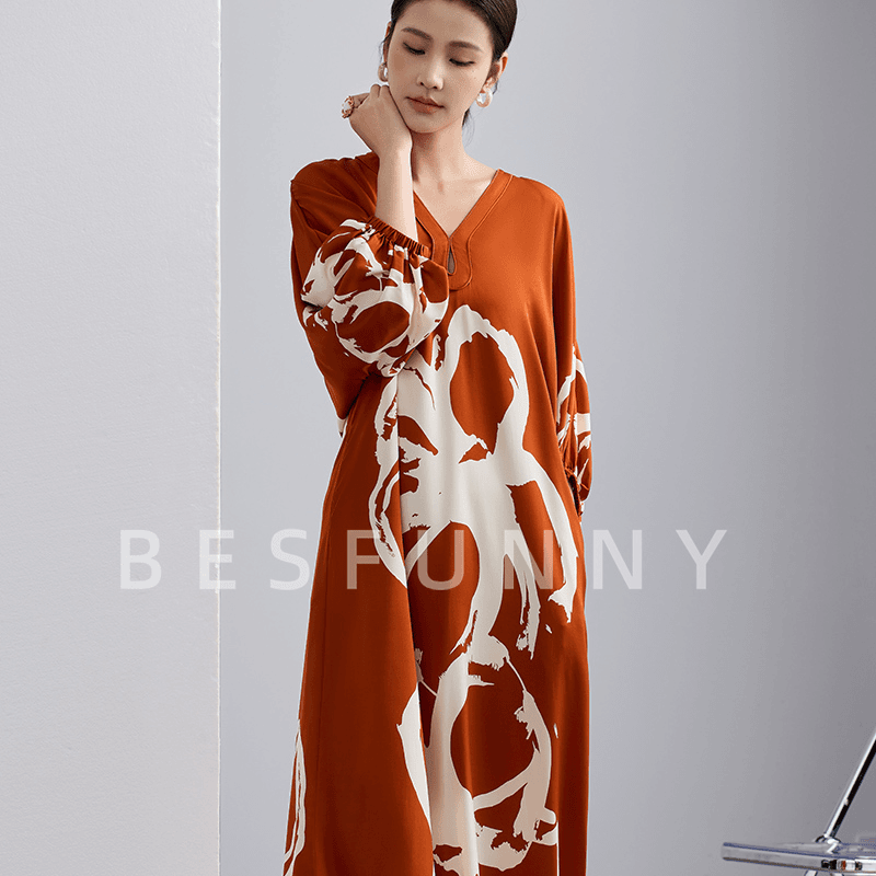 Besfunny重磅桑蚕丝2025新宽松蝙蝠袖长款度假大牌袍式真丝连衣裙