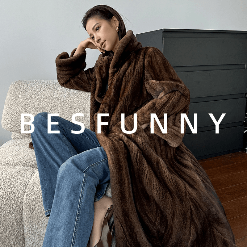 Besfunny露姐「油画」长款全抽刀咖啡色中古风水貂皮草貂皮大衣