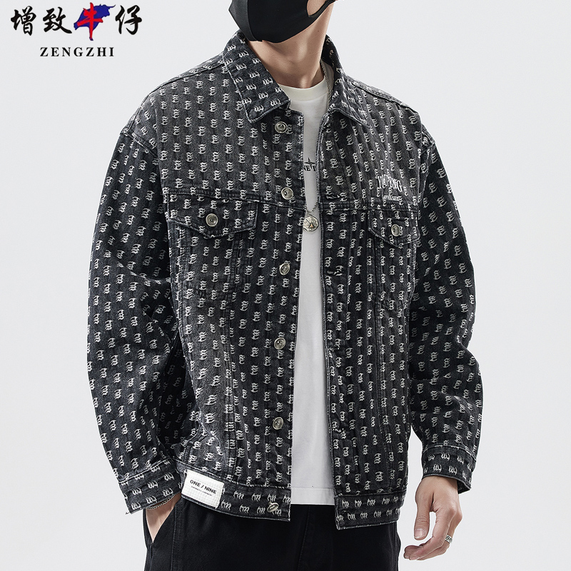 ZENGZHI/增致牛仔春秋牛仔外套男休闲提花刺绣上衣服夹克上装潮牌