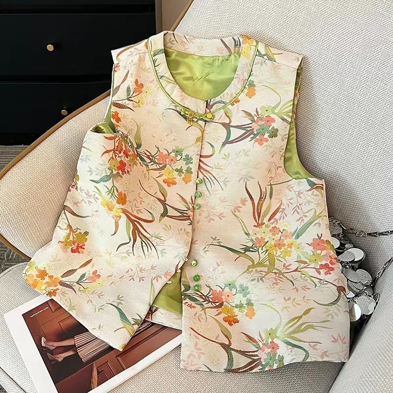 【春花秋月】新中式国风提花马甲上衣女装2024新款早秋设计感马夹