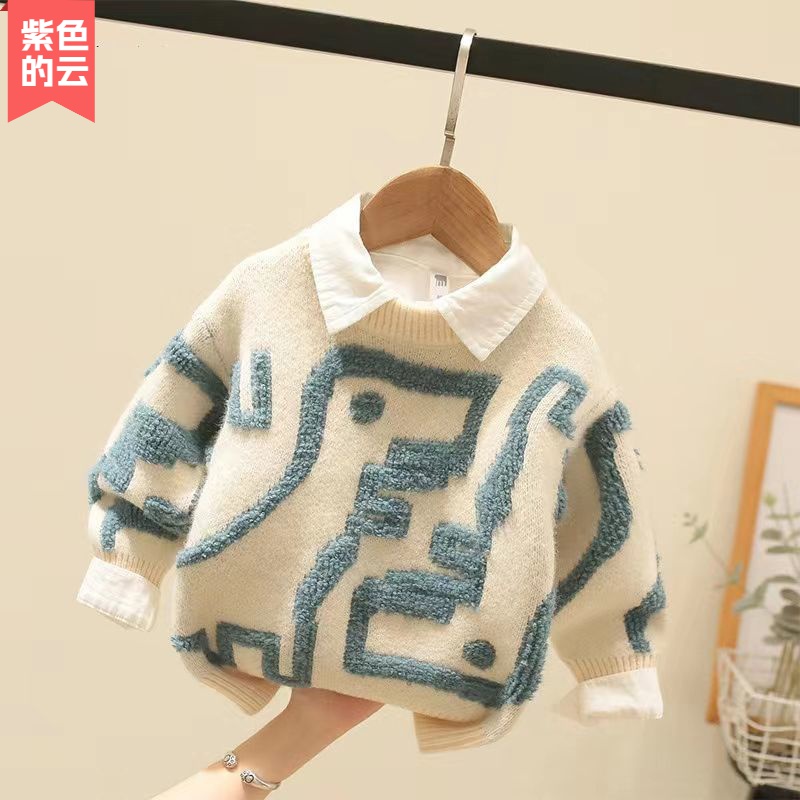 紫色的云童装男童毛衣2024秋冬季儿童水貂绒套头单件针织衫小童时