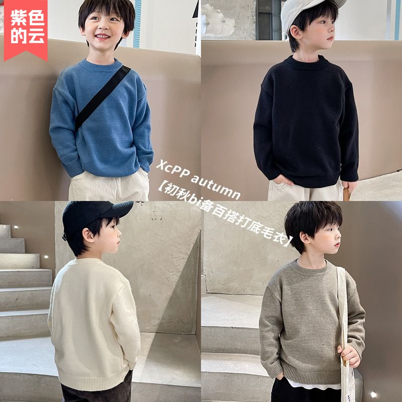 紫色的云男童毛衣套头秋冬款儿童针织衫2024洋气新款纯色打底内搭