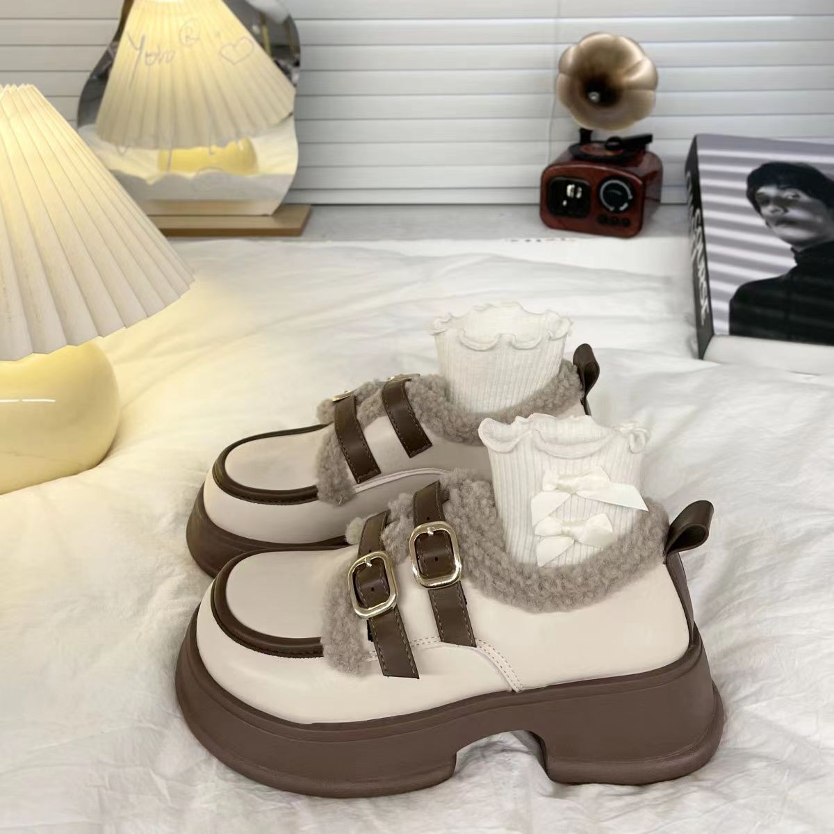 百丽纯爱厚底小皮鞋女加绒保暖棉鞋2023秋冬日系学生增高百搭复