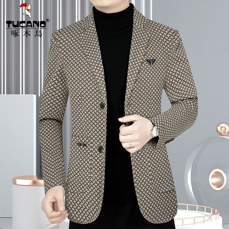秋冬啄木鸟男士新款春秋小西服高档外套韩版西装毛呢男装上衣潮流