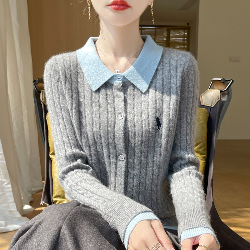 2024秋冬100羊毛拼色绣花针织开衫上衣女撞色衬衣领女毛衣外套