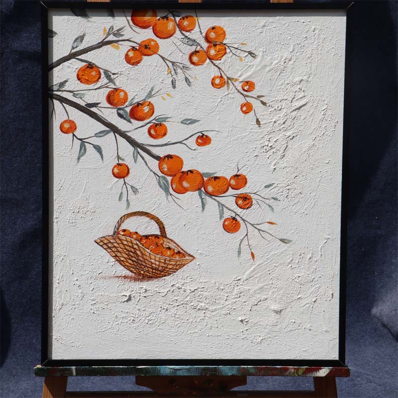 中式手绘柿柿如意餐厅装饰画中国风简约客厅油画餐厅高级感挂画