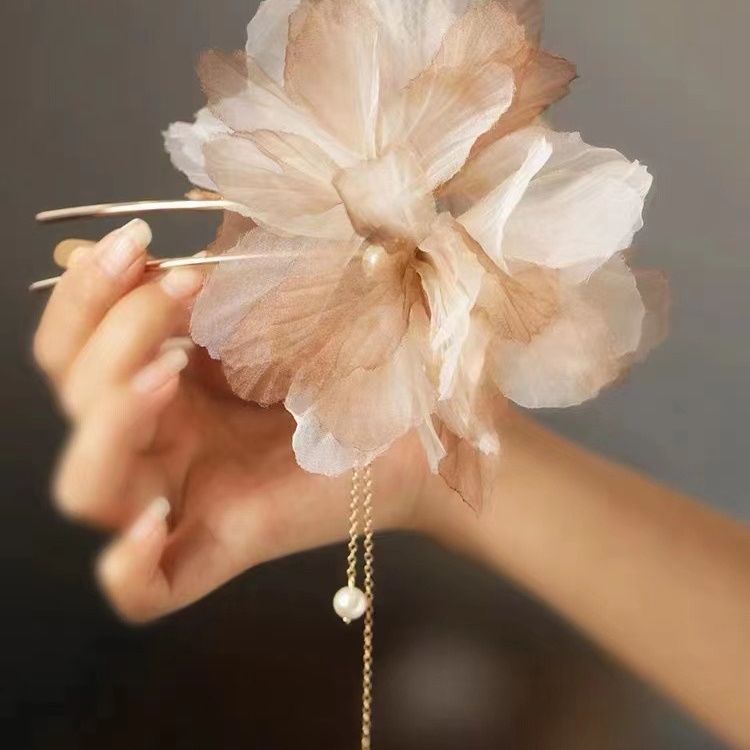 超仙绢花发饰 多层立体渐变纱花花朵U形流苏发钗 甜美森系丸子头