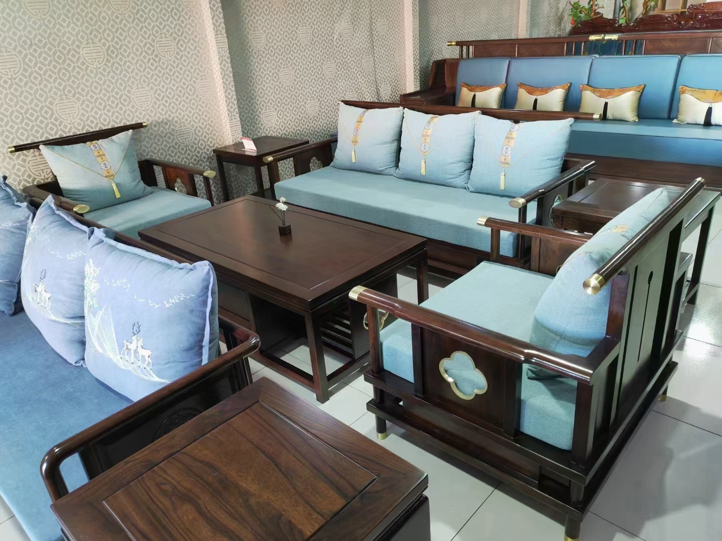 老榆木沙发六件套新中式梅花沙发卯榫铜件客厅办公室会所茶楼沙发