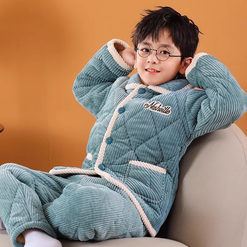 秋冬季儿童睡衣加厚法兰绒中小童宝宝三层夹棉男童女童家居服套装