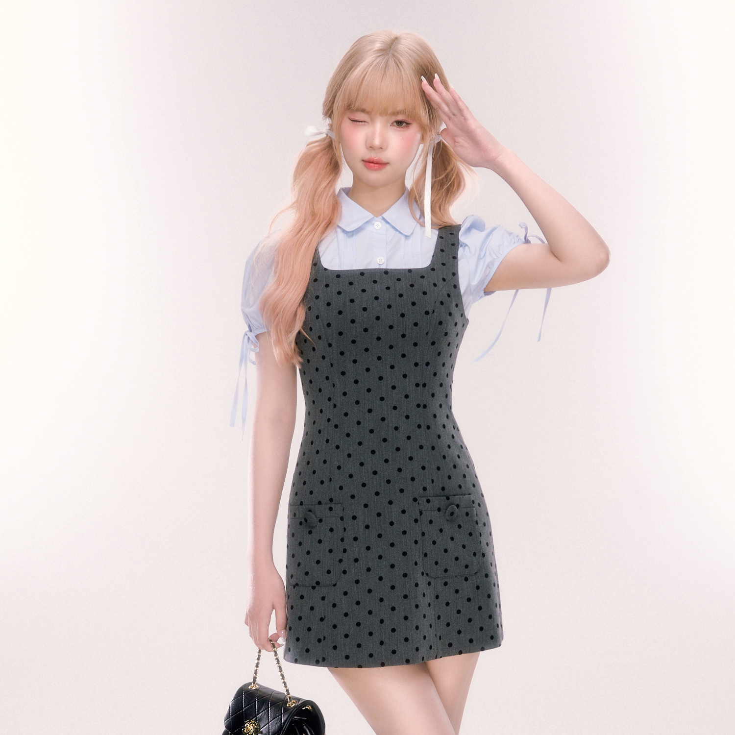 灰色显瘦夏季少女小众波点吊带衬衫连衣裙时尚套装