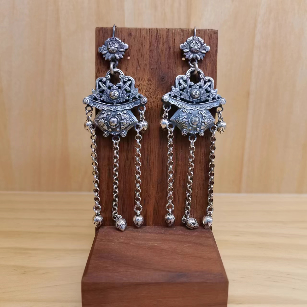 足银耳饰 足银花篮莲子流苏耳环手工簪刻复古国潮个性大气银饰