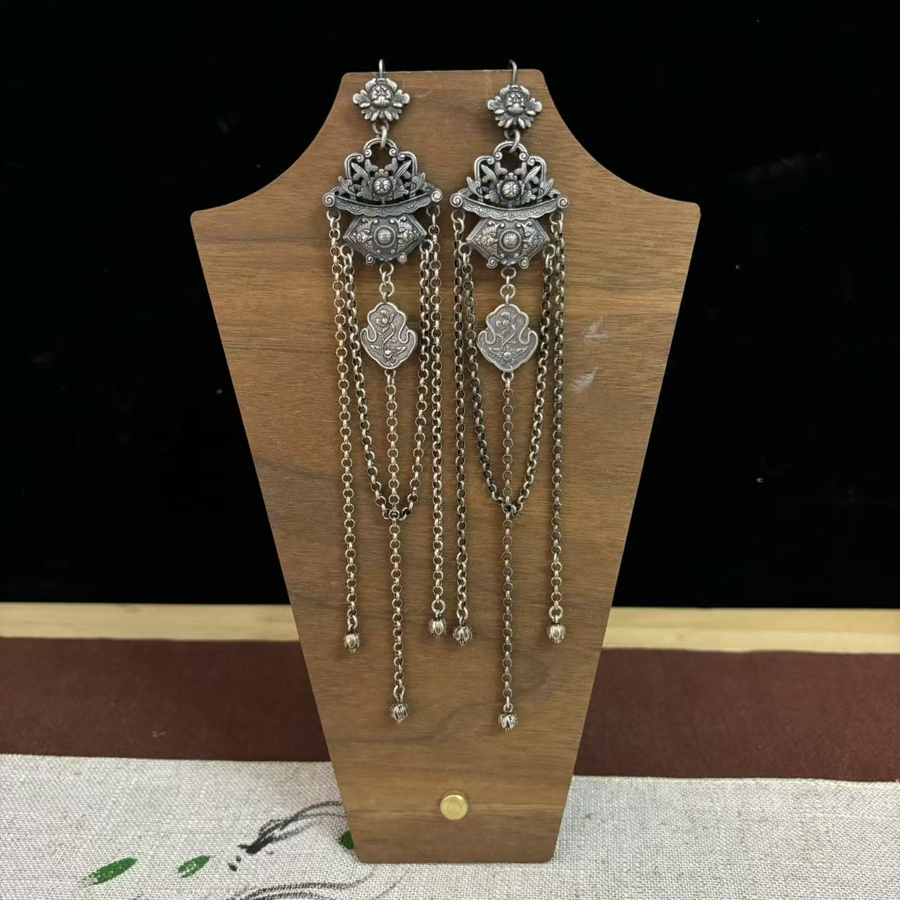 银之酷 足银耳饰 足银花篮长流苏錾刻耳环复古女民族风