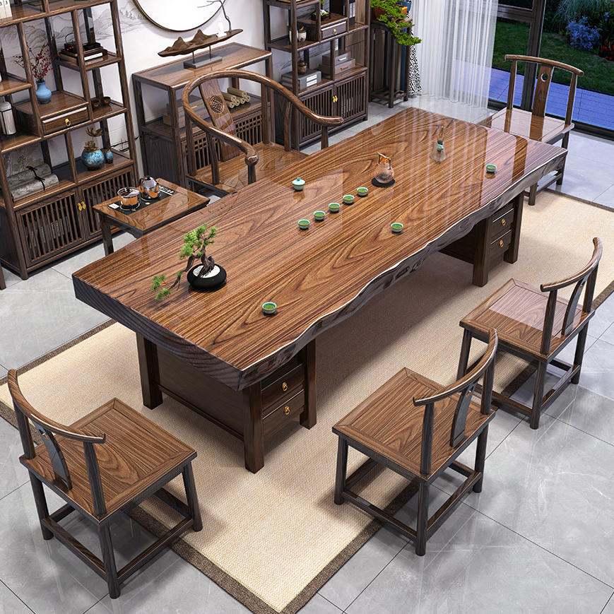 花旗木整板实心原切实木大板茶桌家用办公室两用茶桌茶台一整套