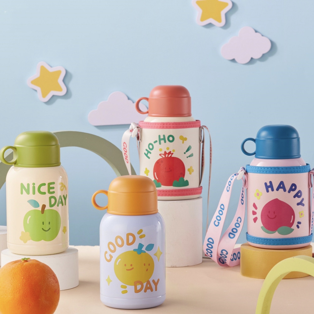 新款水果快乐不锈钢保温杯儿童学生背带水壶卡通可爱高颜值直饮杯