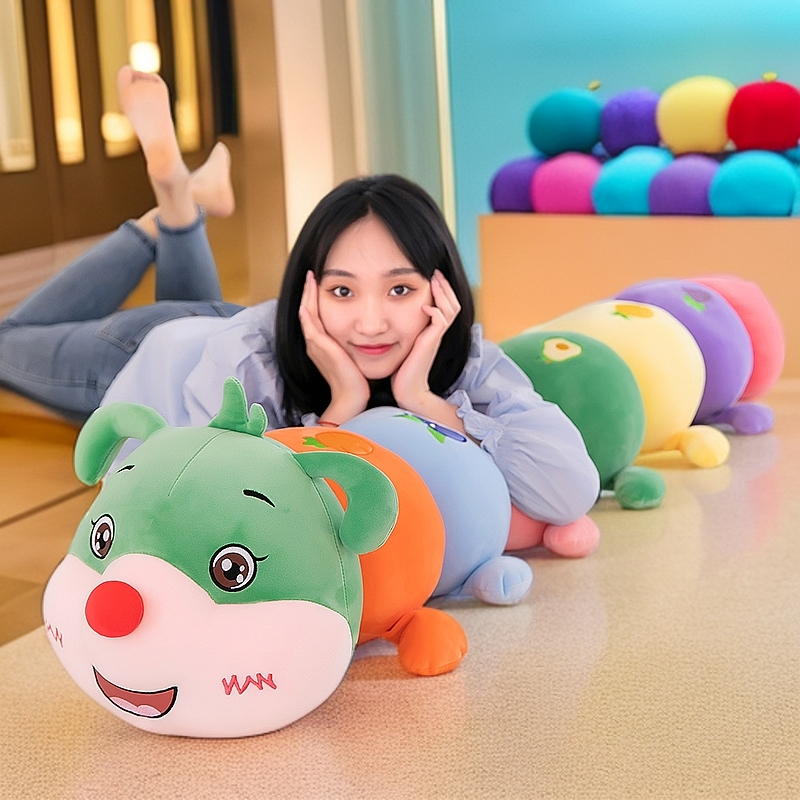 呆萌可爱毛毛虫抱枕长条七彩水果毛绒玩具柔软舒适床上陪睡公仔