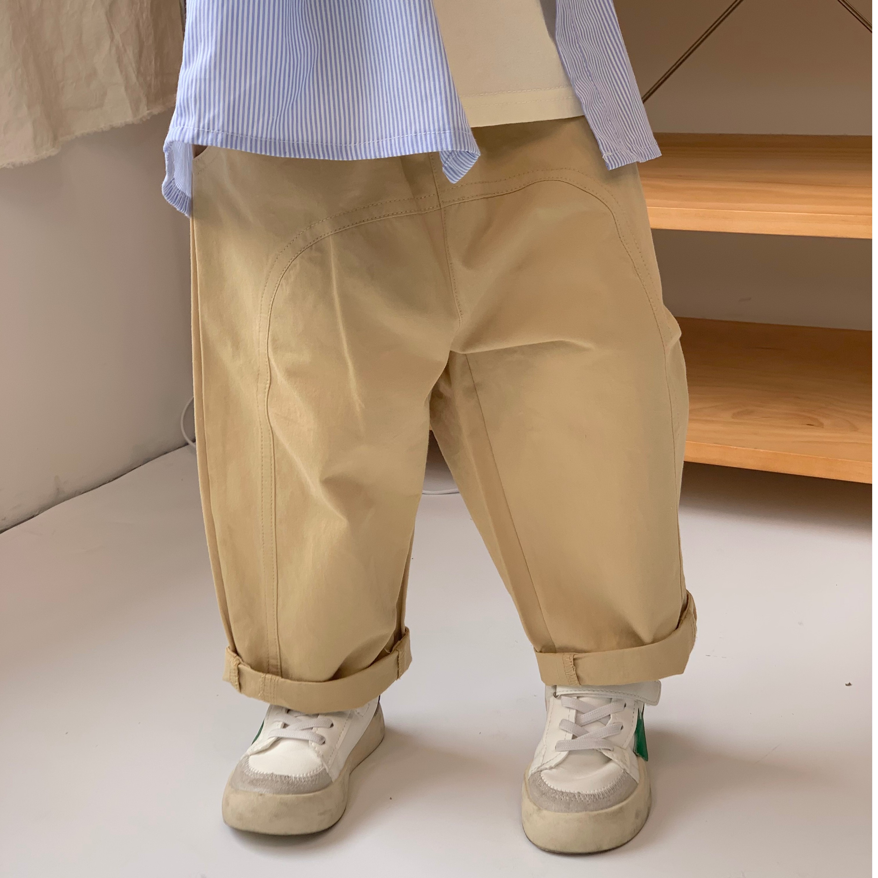 【棉烊80-150码韩系风裤子】春秋款儿童宝宝休闲棉布拼片纯色工装裤
