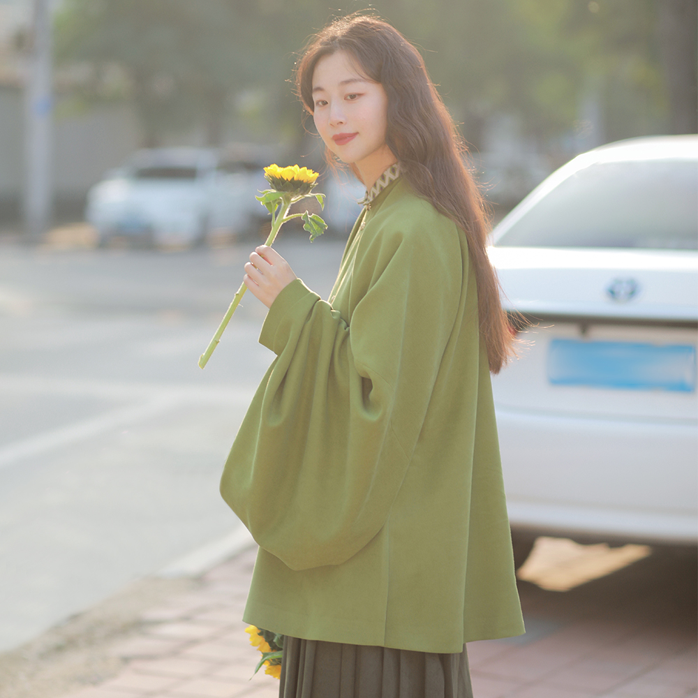 椿两件套汉服百搭绿色上衣宽松立领女复古日常纯色中国风设计感新