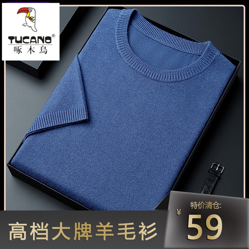 啄木鳥TUCANO100%纯羊毛针织衫半袖男士轻奢打底秋冬园领短袖毛衣