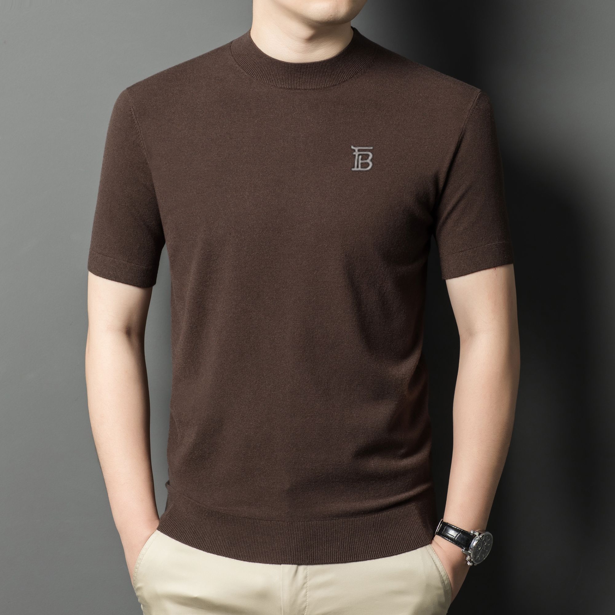 【专柜正品】大牌针织短袖t恤男士羊绒衫半高领保暖休闲针织打底衫