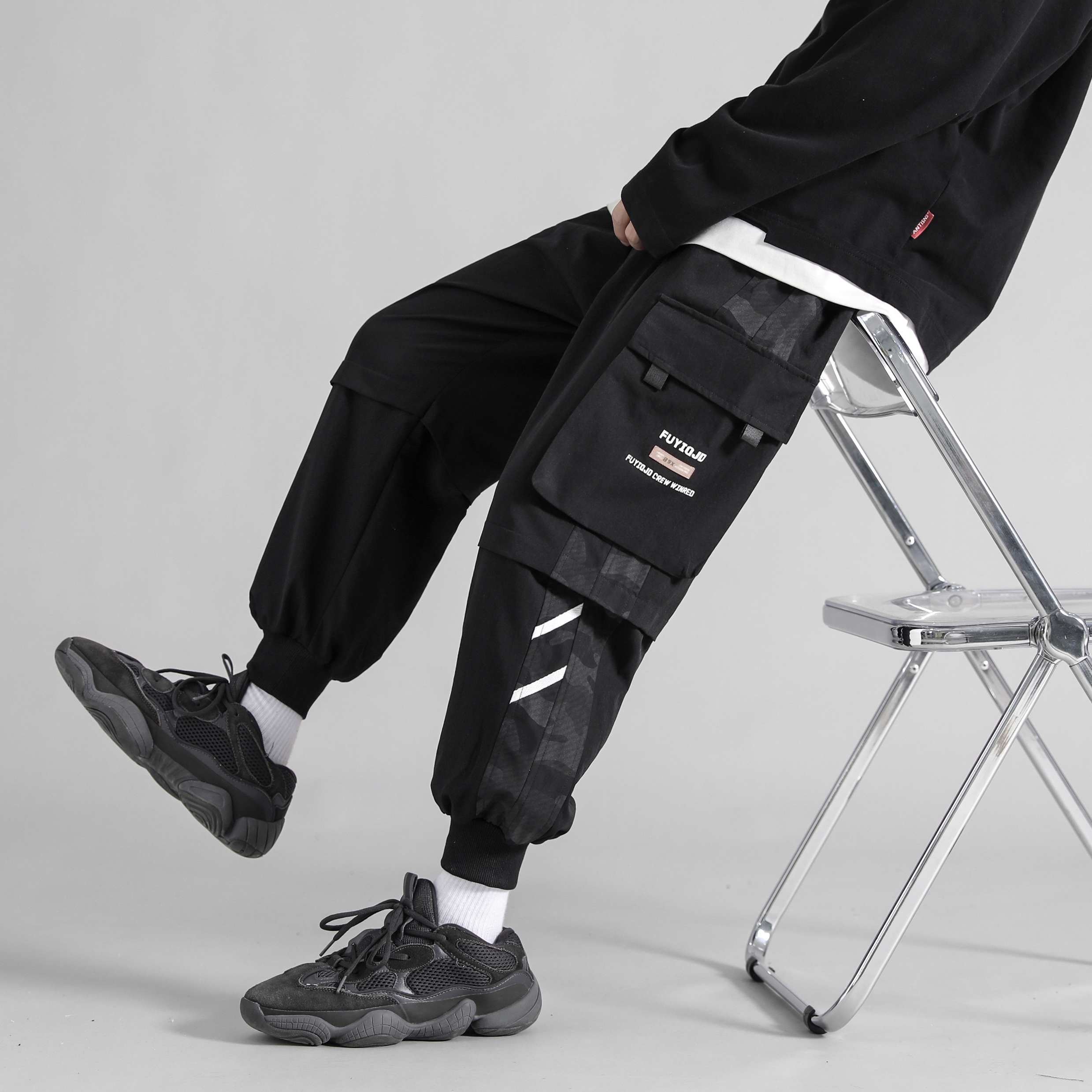 q以舟直供2023新款秋冬季长裤港风伞兵裤宽松束脚裤子机能工装裤