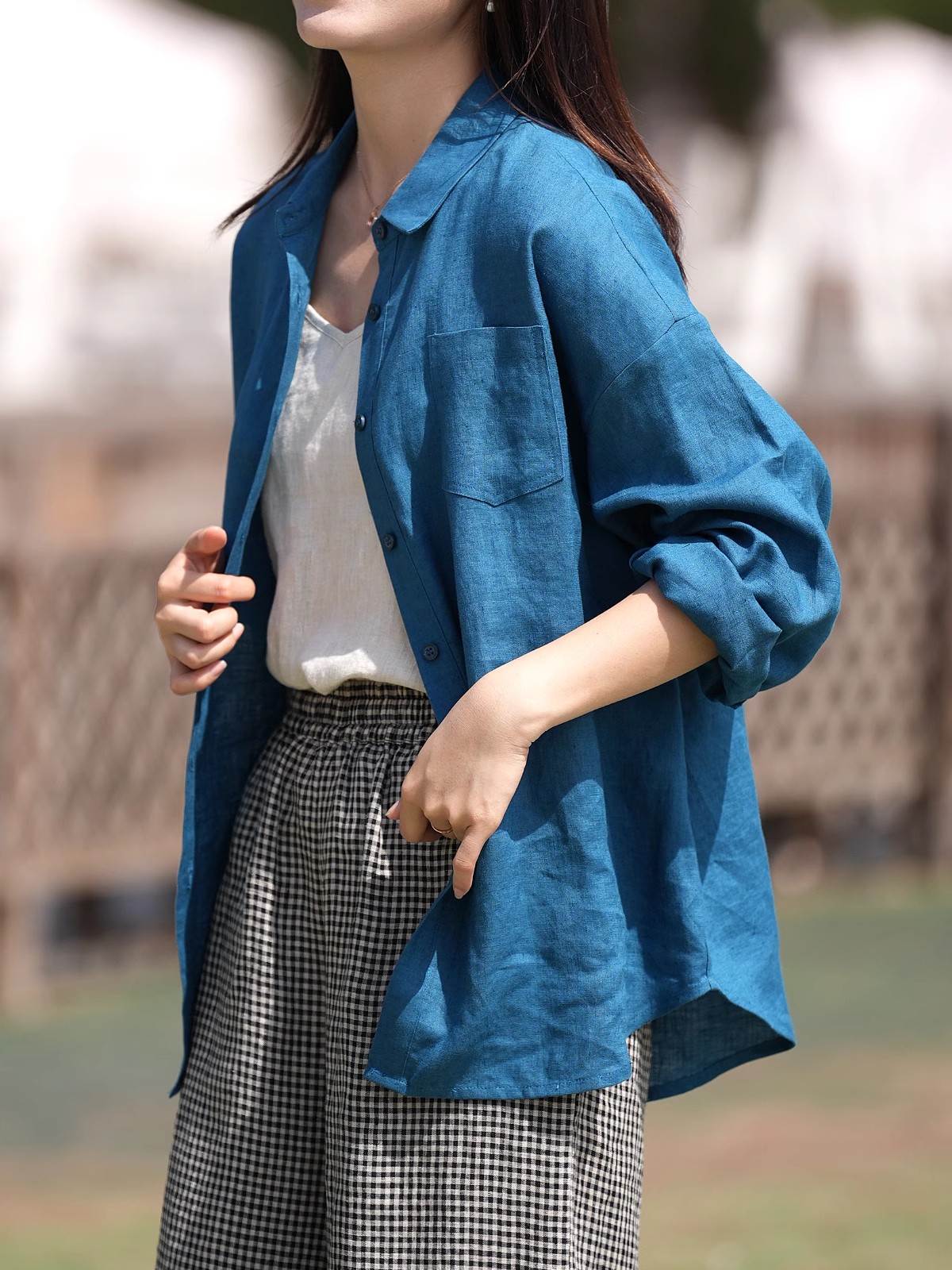 十五家春夏新款亚麻上衣女薄款慵懒风开衫宽松衬衫百搭棉麻防晒女