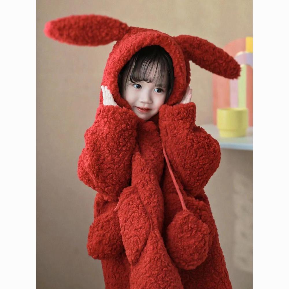 品巴拉巴拉女童毛毛外套儿童冬季加绒加厚羊羔绒红色过年服童装