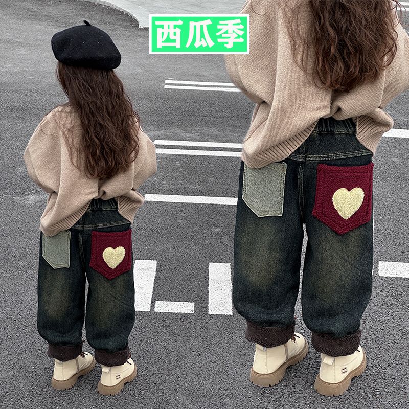 品巴拉巴拉女童一体羊驼绒弹力牛仔裤时髦儿童加绒休闲裤童装冬
