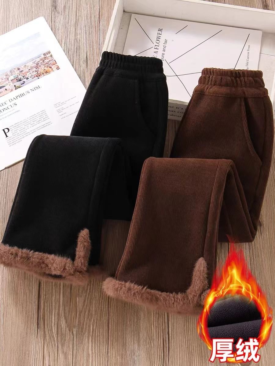 品巴拉巴拉女童加绒裤子保暖加厚高腰灯芯绒儿童超厚喇叭裤童装